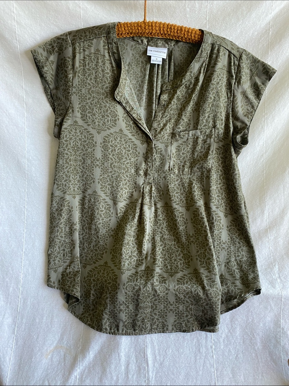 Liz Claiborne Olive Green Printed Short-Sleeve Blouse